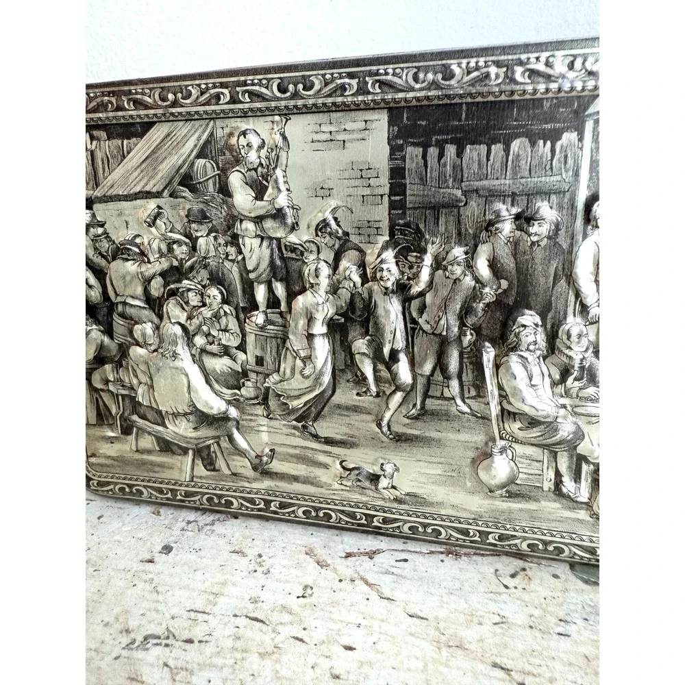 Vintage‎ Teniers 3D Embossed Belgium Tin – 1950s Silvertone Hinged Cookie Box